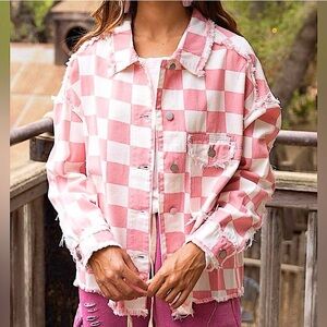 POL 100% Cotton Checkered Pink Denim Shacket Jacket